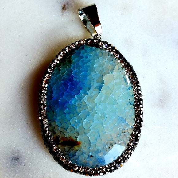 New Wrapped Blue Dragon Veins Agate Pave Pendant. - Picture 1 of 13